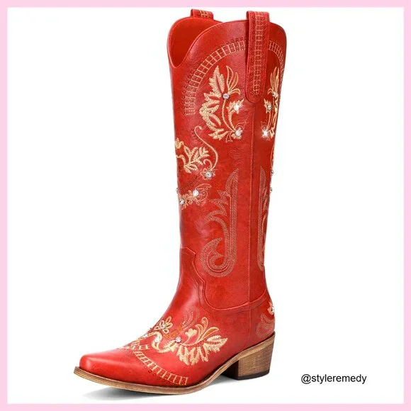 Knee High Western Boots Rhinestone Embroidered Pointed Toe Chunky Heel - Picture 1 of 7